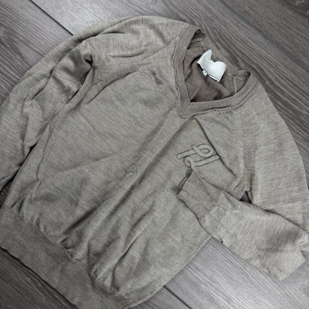 3.1 Phillip Lim Women's V Neck Wool Silk Logo Sweater Tan Size Small